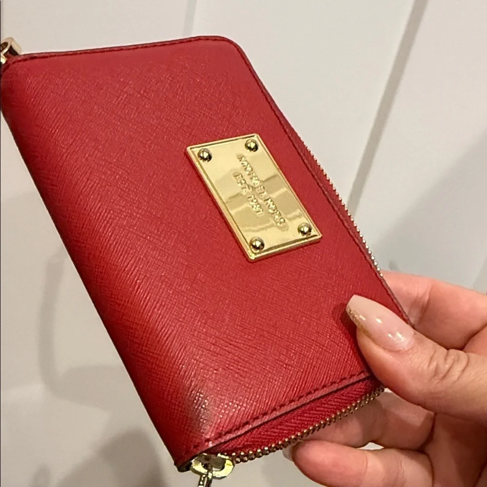 Michael Kors Red Wristlet with Gold Accents wallet coin purse designer bag